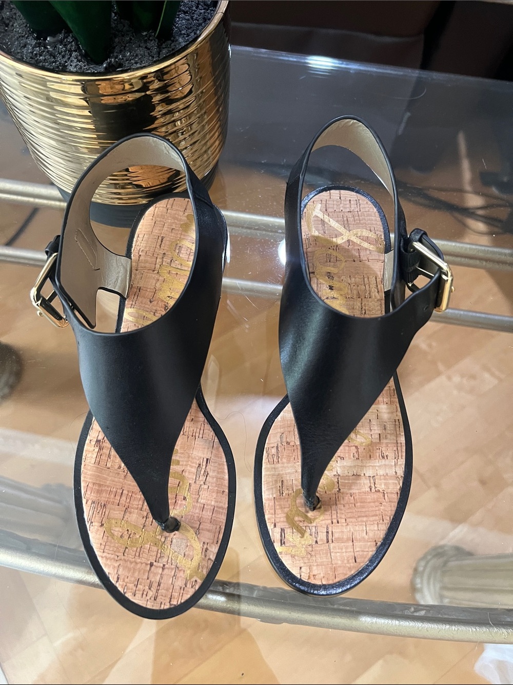 Sam Edelman Black Leather Thong Sandals with Gold Buckles